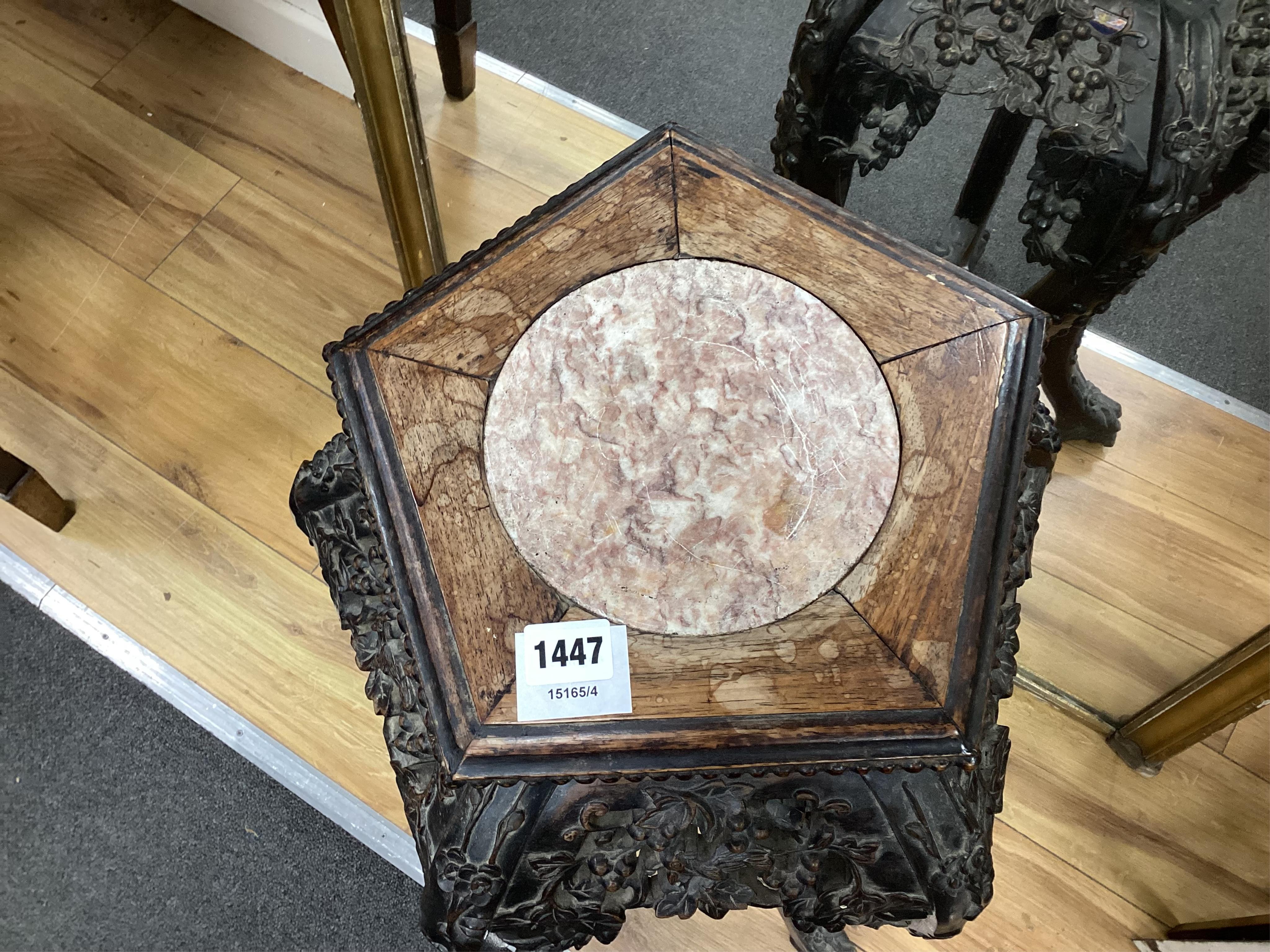 A Chinese rosewood and marble inset stand, late Qing dynasty, 67cm high. Condition - fair